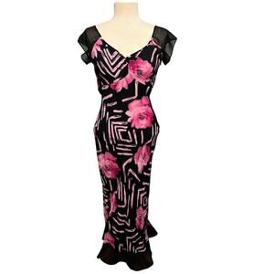 Vintage Y2K Her Style Black and Pink Floral Beaded Bias Cut Dress Size Medium